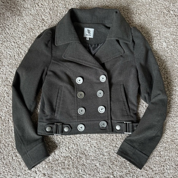 See Thru Soul Women’s Grey Cropped Pea Coat - Size Large - Picture 1 of 11